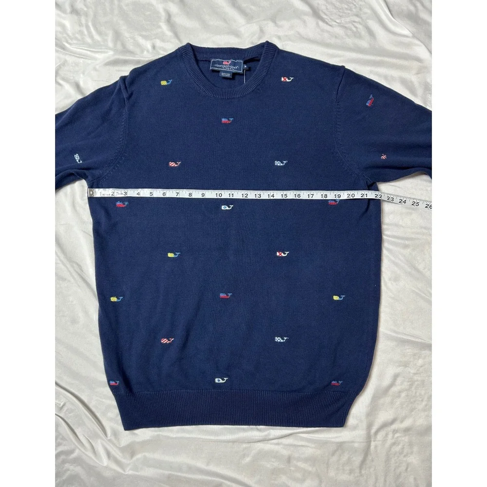 NWT Vineyard Vines Burgee Flag Whale Embroidered Crew Neck Sweater Navy Blue Med